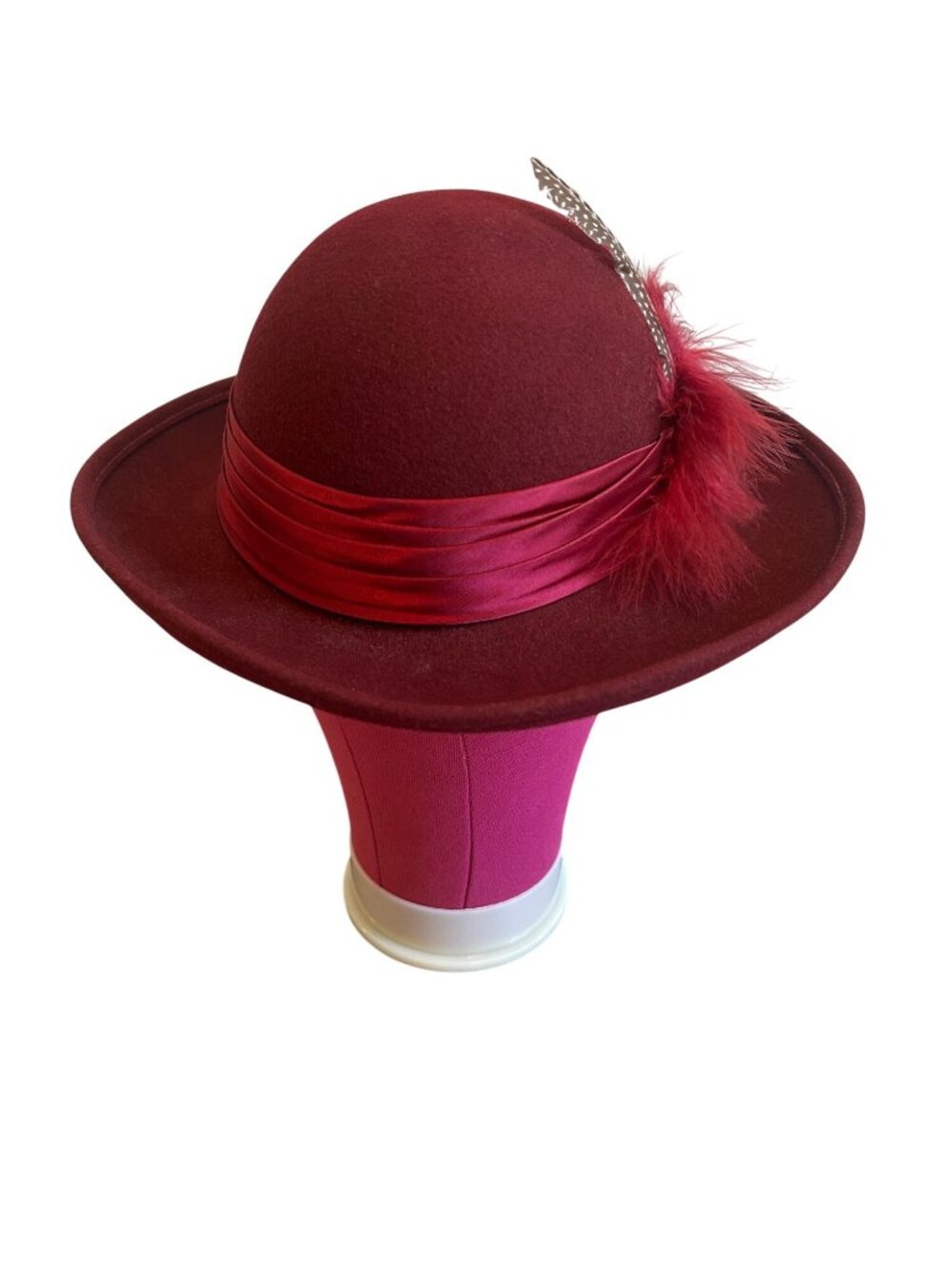 Vintage Geo W Bollman Burgundy Wool Hat With Satin Ribbon & Feather Accent - Picture 12 of 16